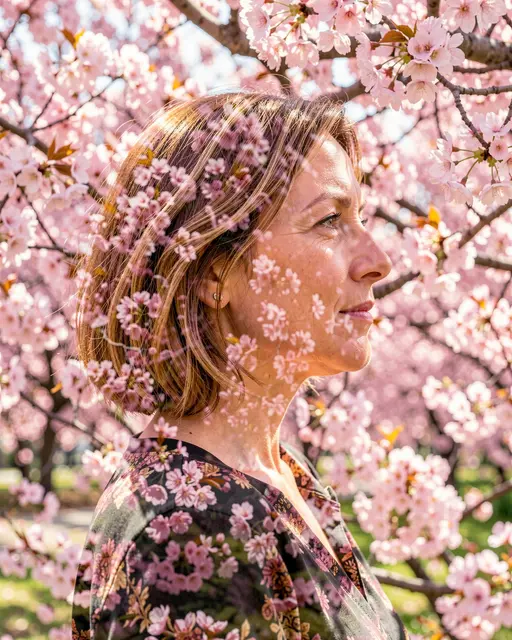 Profile view of a woman in her forties blended with blooming cherry blossom branches in bright daylight