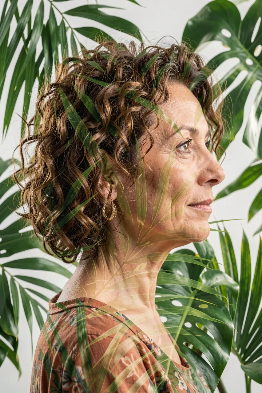Profile of a woman in her fifties with curly hair overlaid with semi-transparent tropical foliage
