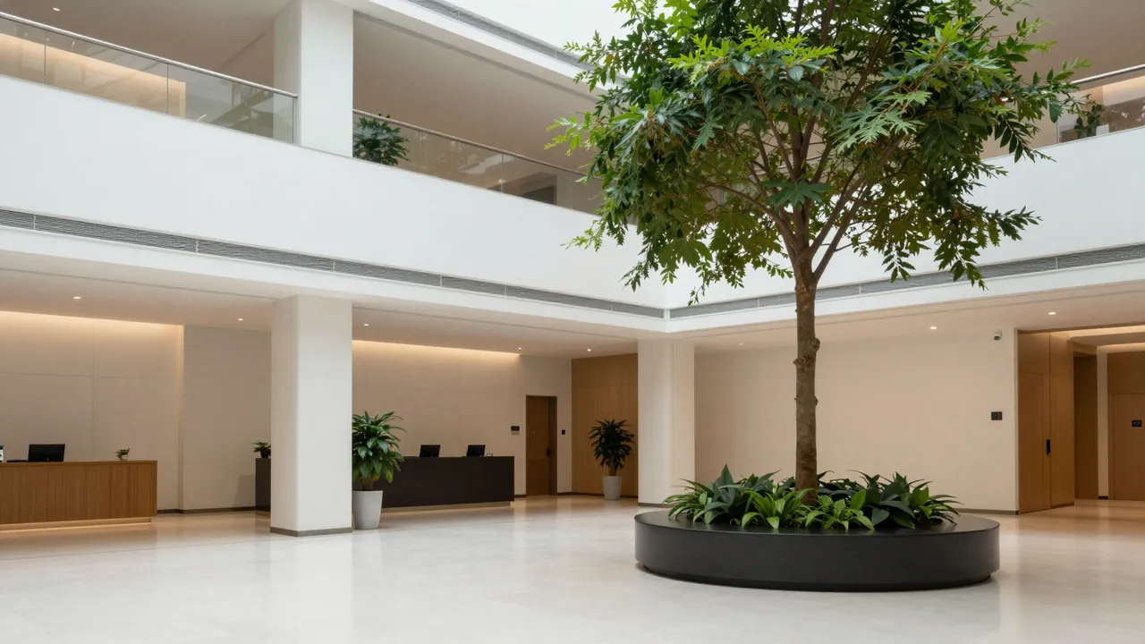 Empty modern corporate lobby atrium featuring a tall indoor tree in a circular planter