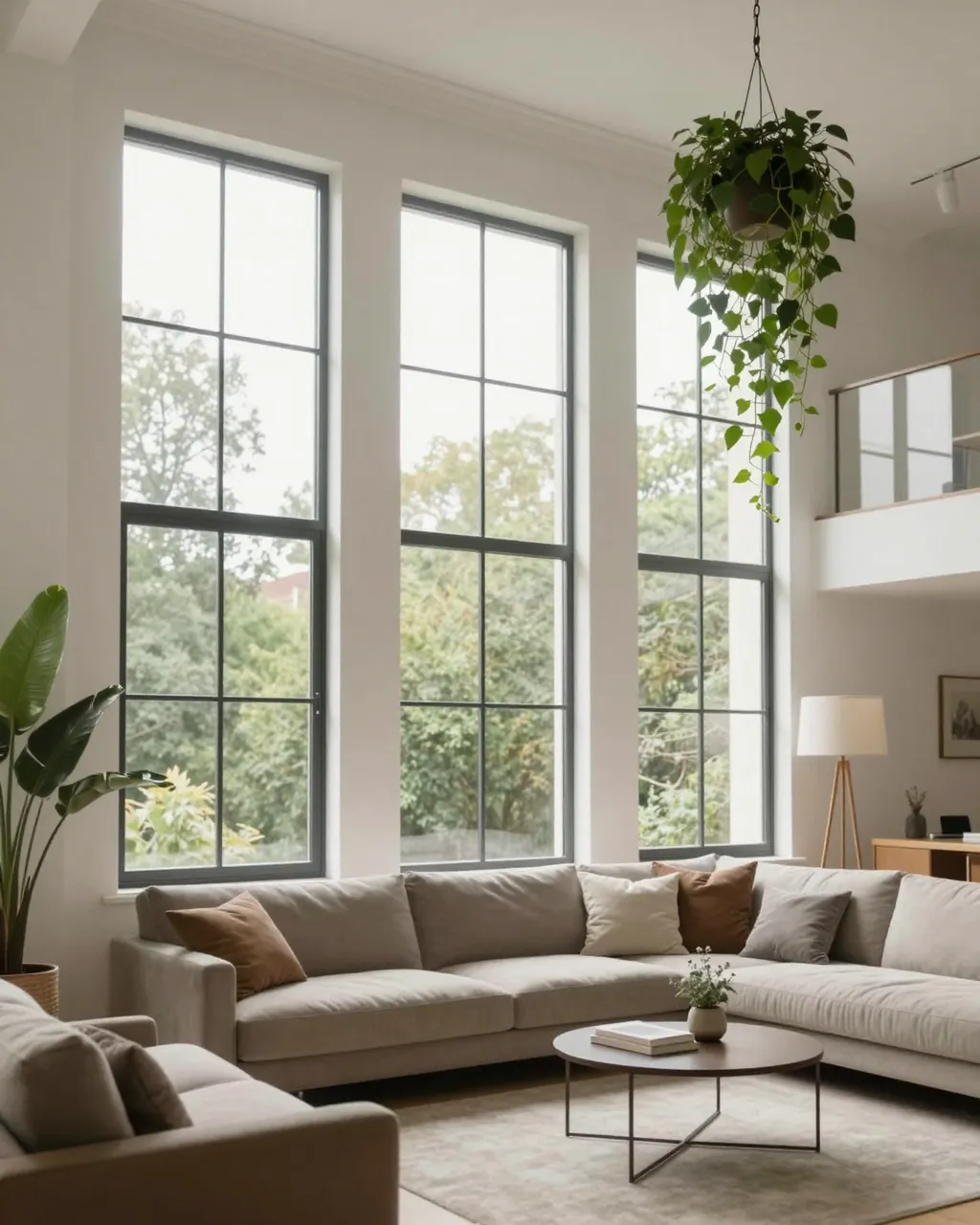 Bright double-height living room with tall grid windows, a sectional sofa and hanging trailing houseplant.