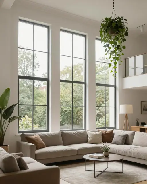 Bright double-height living room with tall grid windows, a sectional sofa and hanging trailing houseplant.