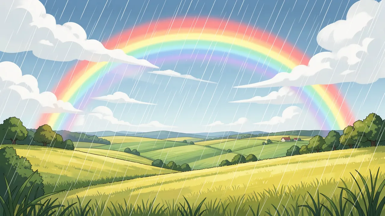 Anime-style illustration of rolling golden farm fields under a bright double rainbow during gentle summer rain