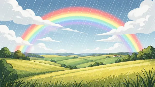 Anime-style illustration of rolling golden farm fields under a bright double rainbow during gentle summer rain