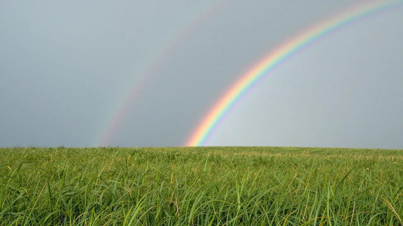 A bright primary rainbow and faint secondary rainbow arc above a lush tall grass meadow under a gray post-storm sky