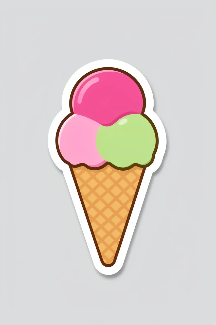 Die-cut sticker illustration of a three-scoop waffle ice cream cone on a light gray background