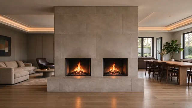 Modern living and dining room divided by a lit double-sided stone fireplace with oak hardwood floors