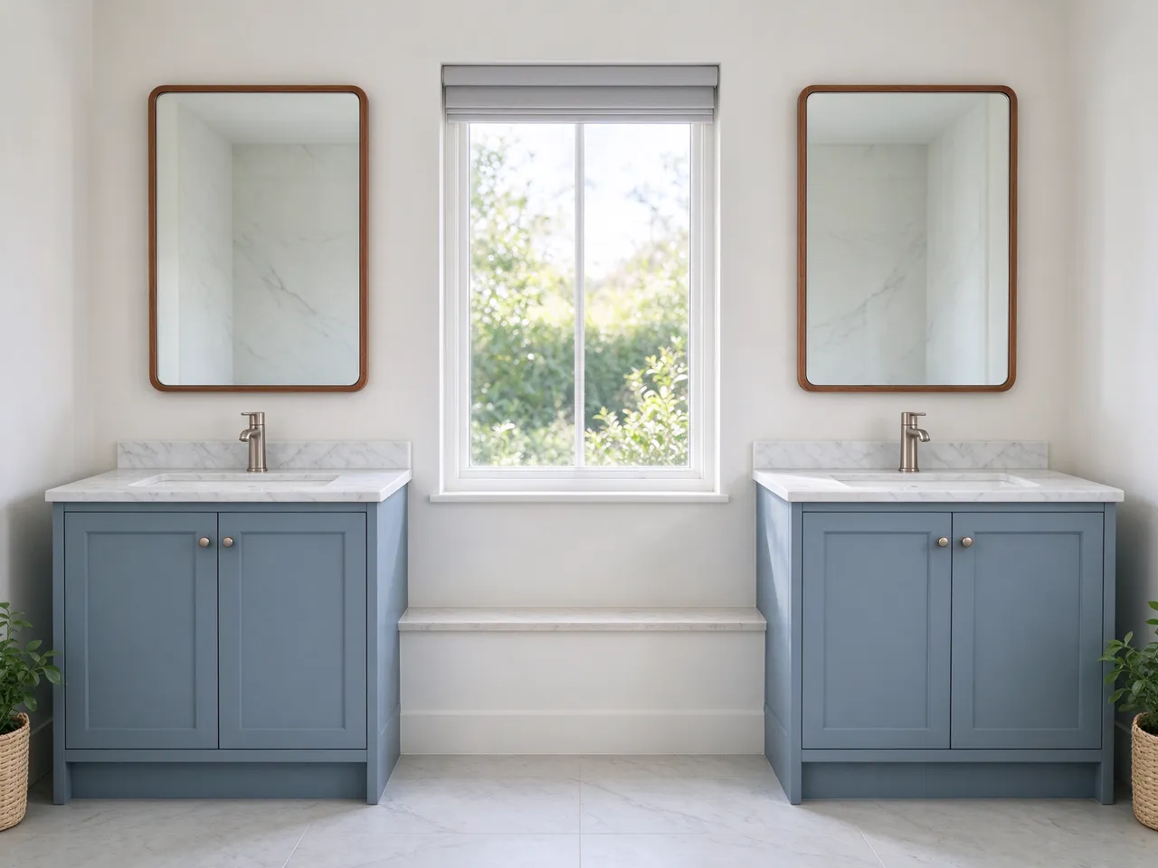 Symmetrical bathroom with two blue-gray vanities flanking a central window above marble flooring