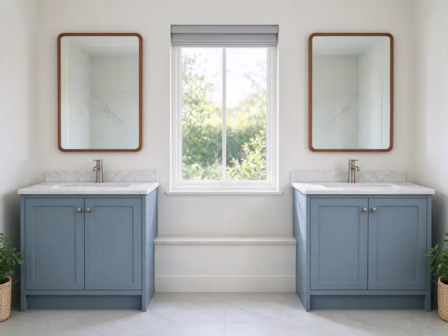 Symmetrical bathroom with two blue-gray vanities flanking a central window above marble flooring