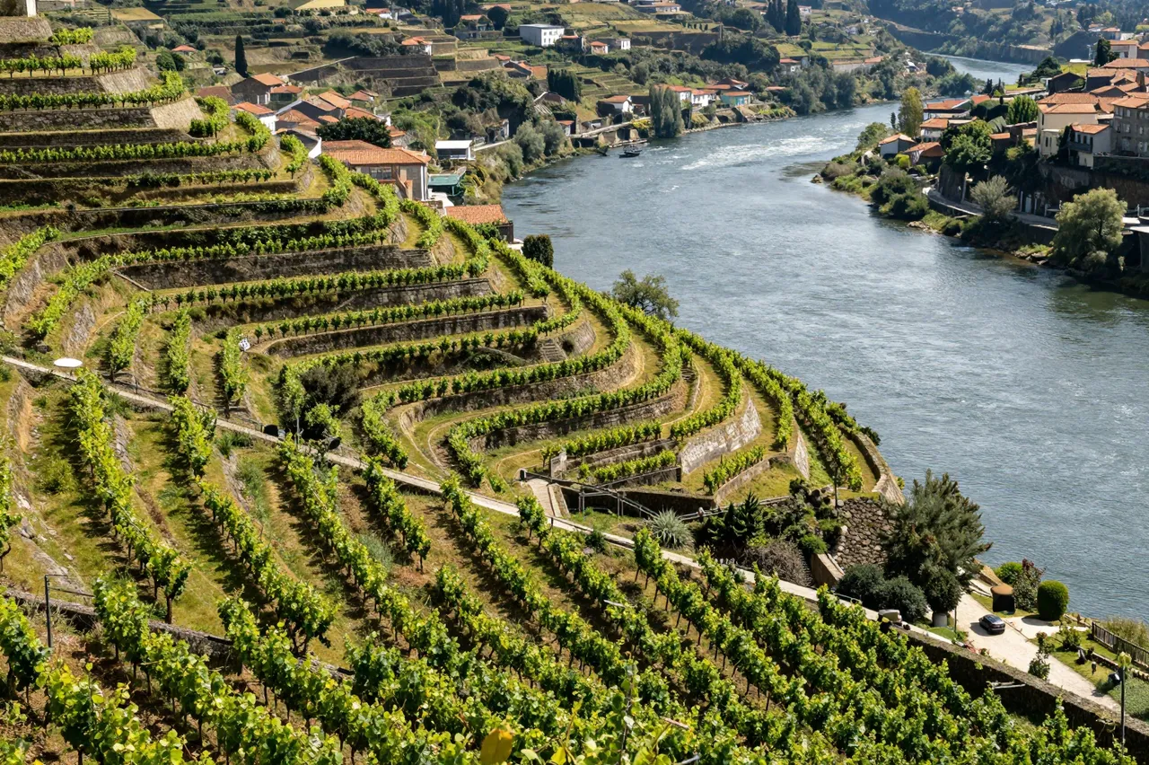 Tiered vineyard terraces overlook a winding wide river with hillside villages in northern Portugal