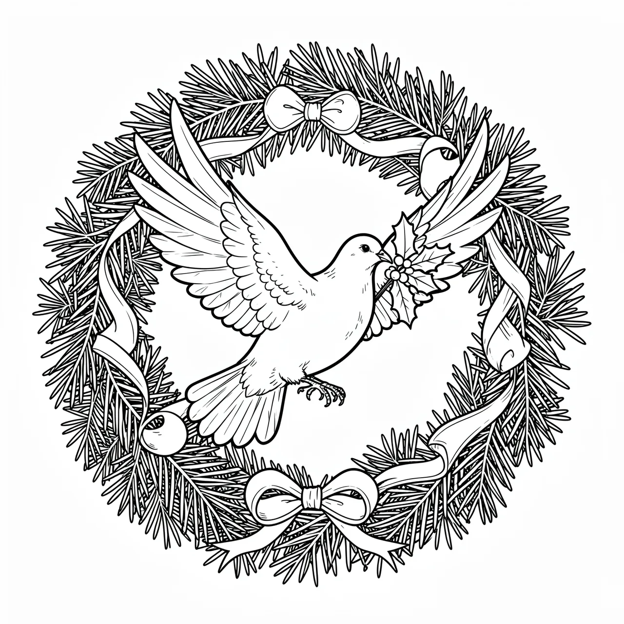Black and white line art coloring page of a dove carrying holly inside a pine wreath with ribbon bows on a plain white