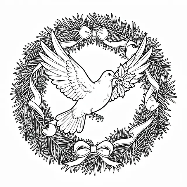 Black and white line art coloring page of a dove carrying holly inside a pine wreath with ribbon bows on a plain white
