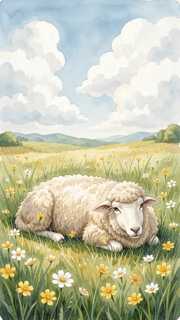 A fluffy woolly sheep rests in a sunlit wildflower meadow beneath puffy white clouds