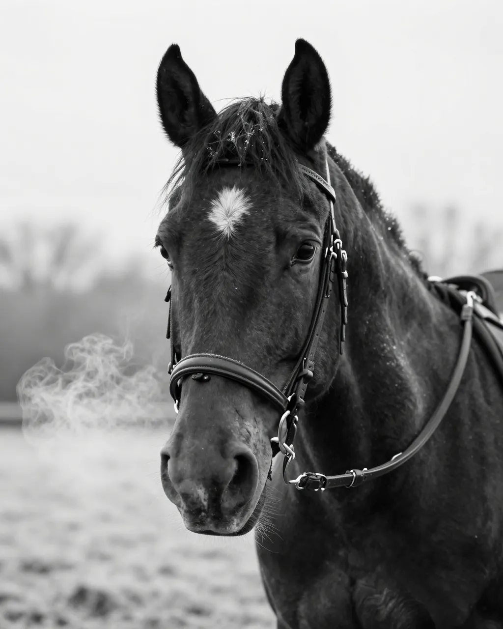 Black and white close-up of a bridled draft horse with steaming breath on a cold frosty morning