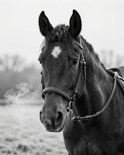 Black and white close-up of a bridled draft horse with steaming breath on a cold frosty morning