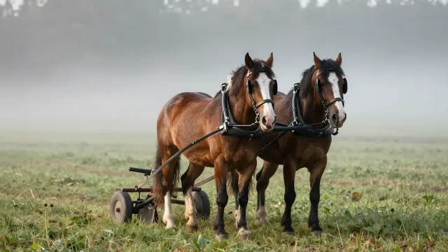 Two harnessed draft horses stand side by side attached to a plow in a misty grassy field at dawn
