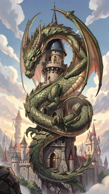A green fantasy dragon curls tightly around a stone medieval castle tower under a cloudy sky.