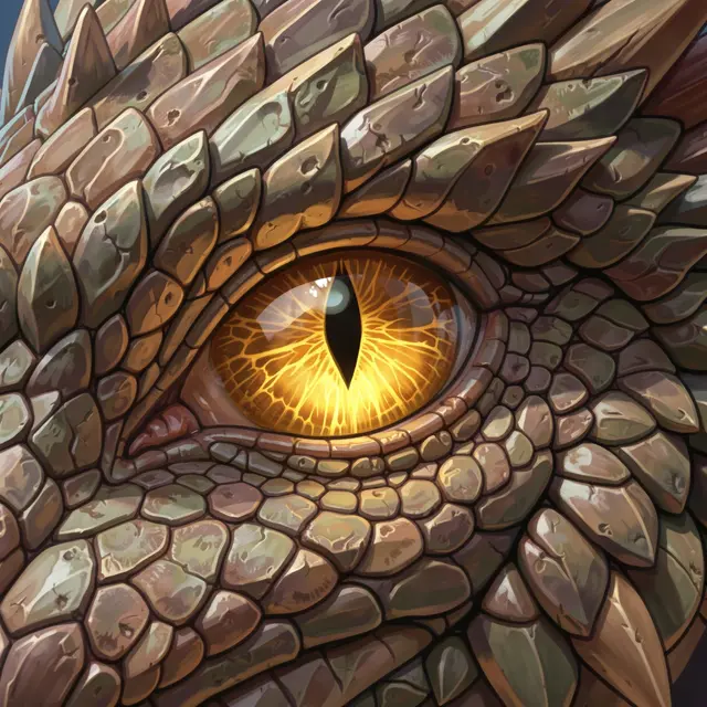 A detailed close-up fantasy illustration of a glowing golden dragon eye surrounded by textured weathered scales