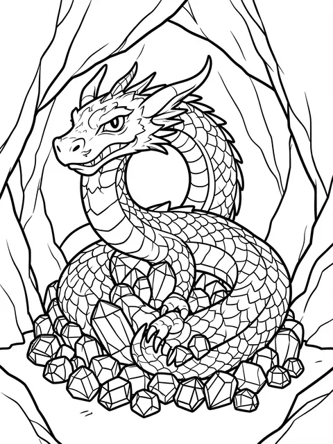 Black and white line art of a curled dragon resting on gemstones inside a cave entrance