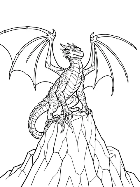 Black and white line art of a spread-winged dragon perched on a rocky mountain peak