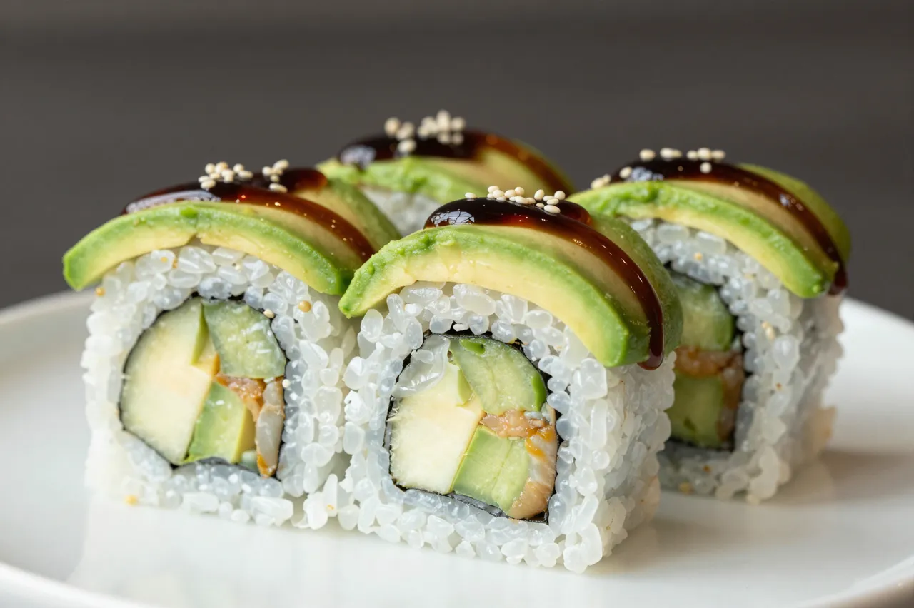 Four dragon roll sushi pieces topped with avocado, eel sauce and sesame seeds sit on a white plate