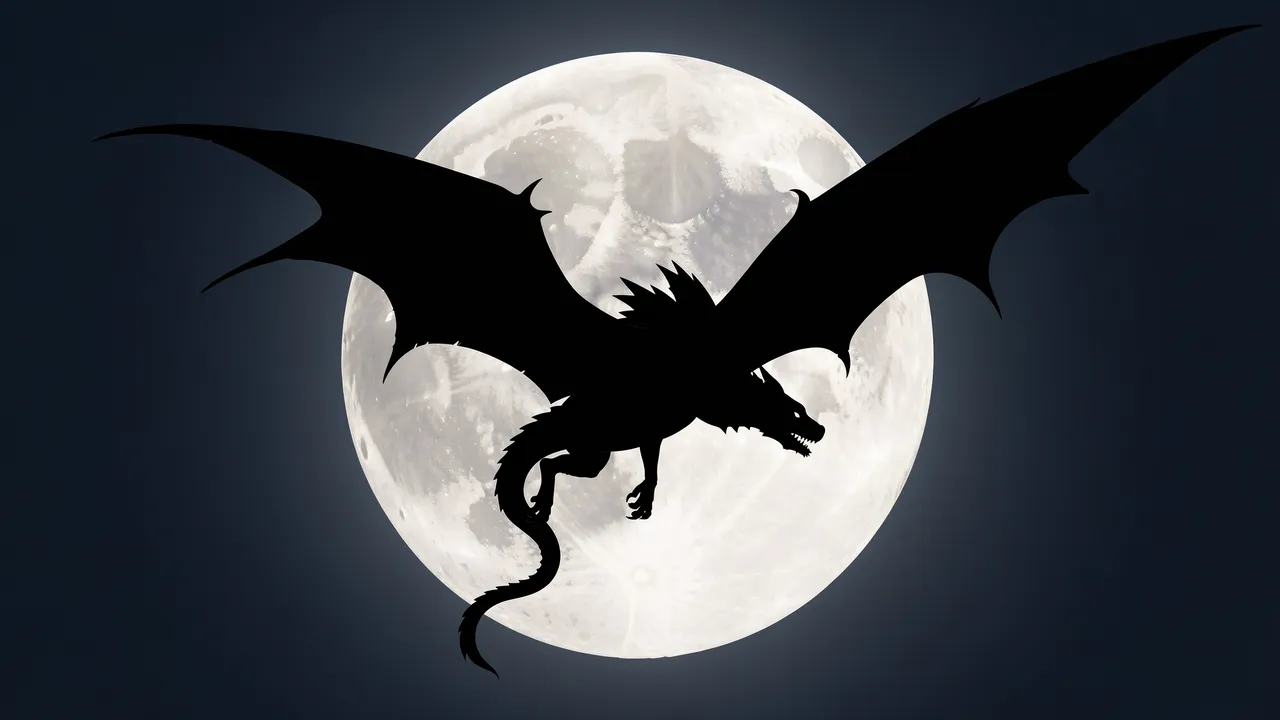 A black winged dragon silhouette flies silhouetted against a bright full moon in a dark night sky