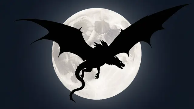 A black winged dragon silhouette flies silhouetted against a bright full moon in a dark night sky