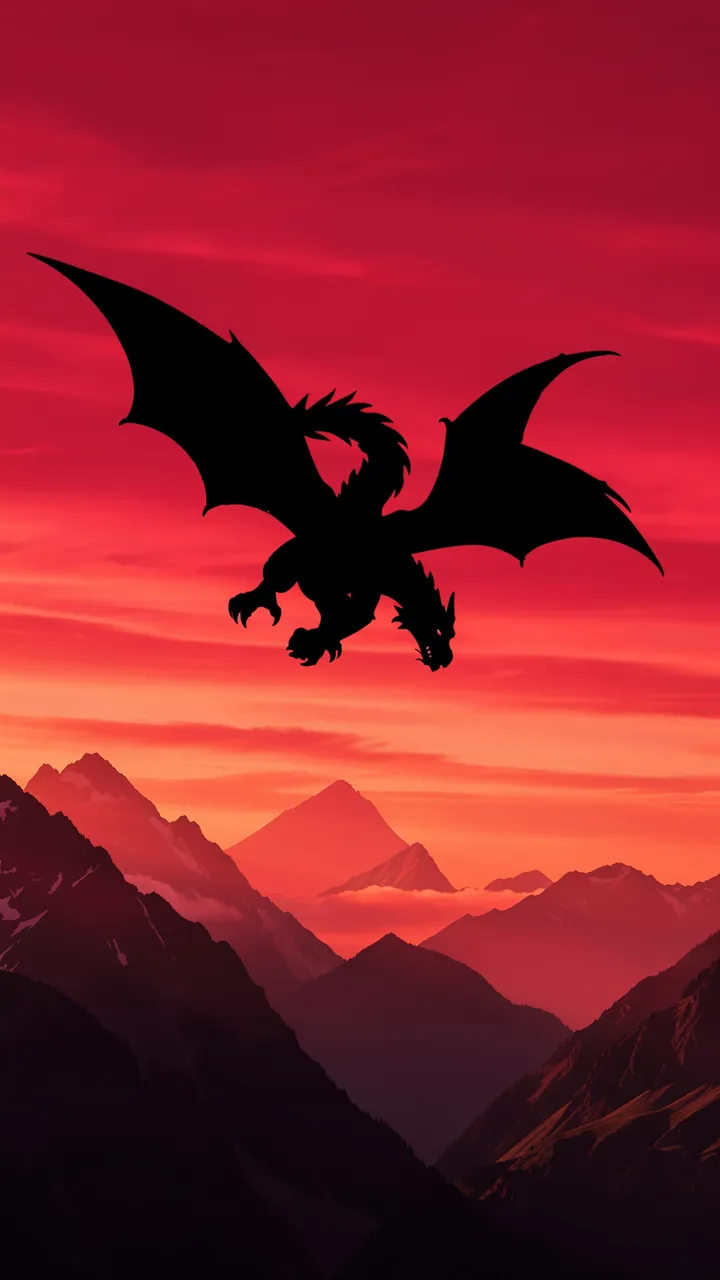 Black flying dragon silhouette soars above layered mountain peaks against a vivid crimson sunset sky