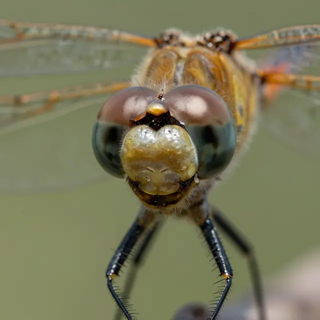 Extreme close-up macro shot of a dragonfly's head and large compound eyes facing the camera