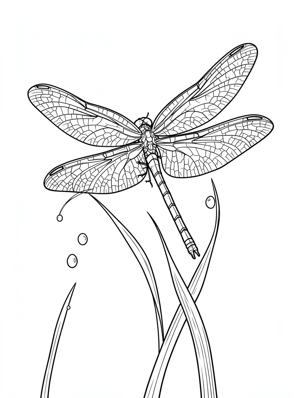 Intricate black line art of a dragonfly resting on grass stems with dewdrops against a white background