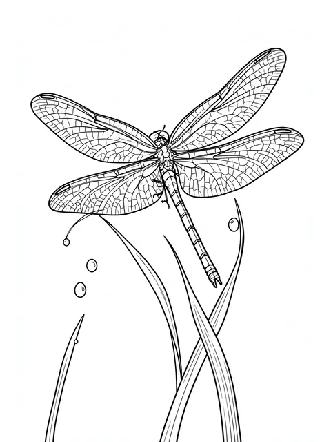 Intricate black line art of a dragonfly resting on grass stems with dewdrops against a white background