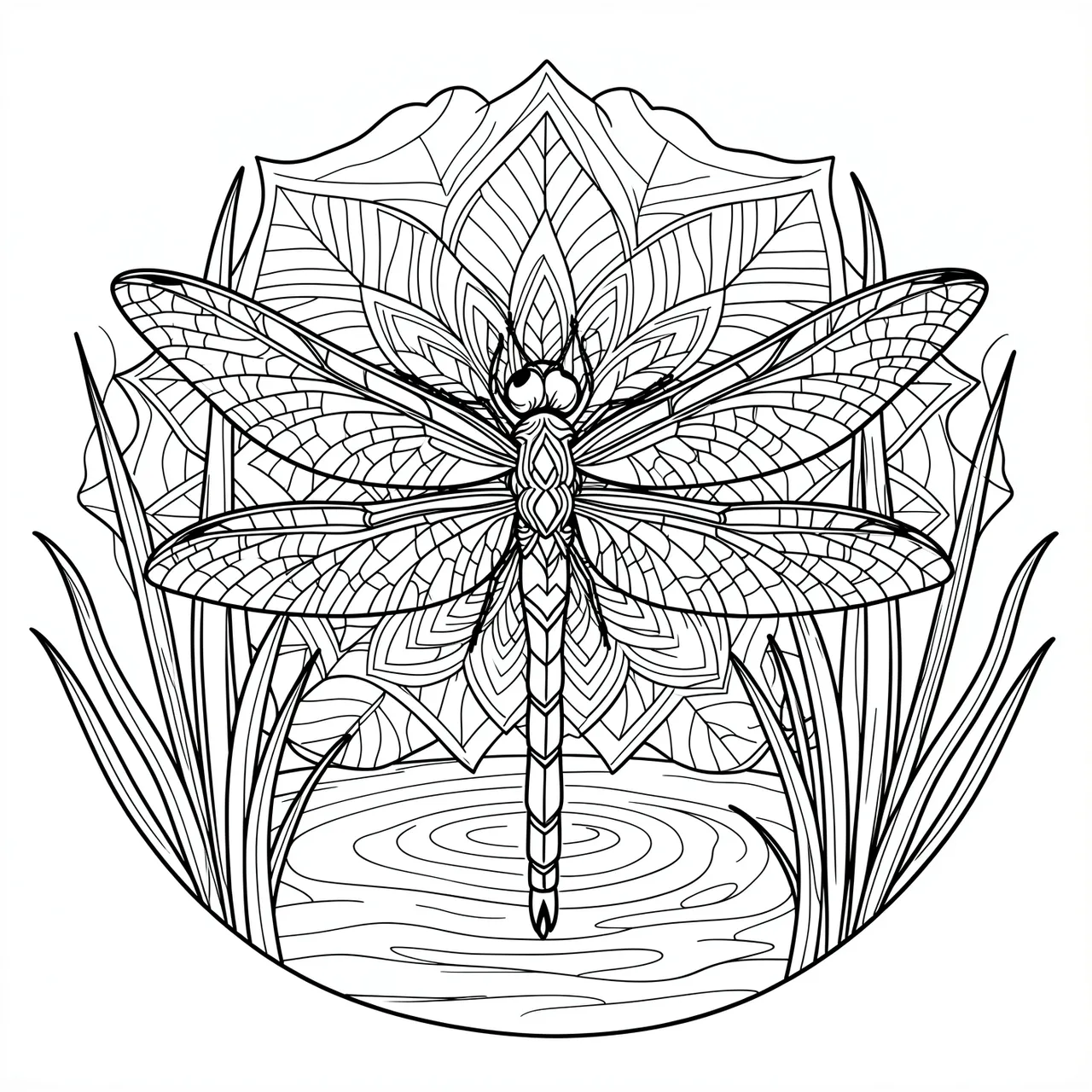 Intricate black and white line art of a dragonfly over a mandala, reeds and water ripples on a white background