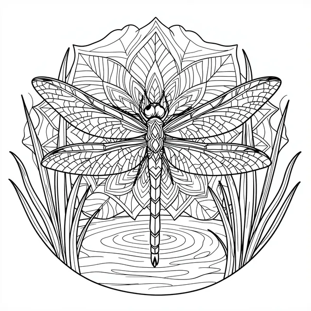 Intricate black and white line art of a dragonfly over a mandala, reeds and water ripples on a white background