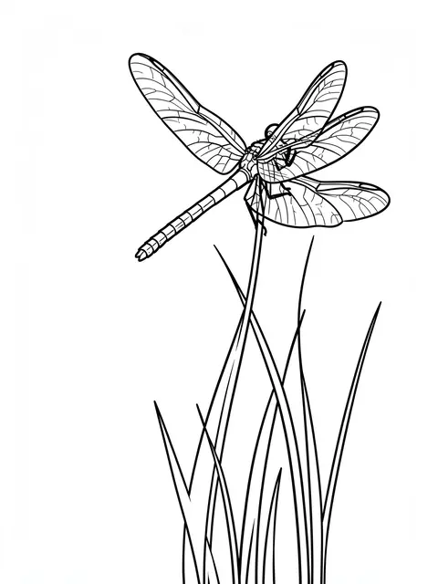 Bold black and white line art of a dragonfly perched on tall grass reeds against a plain white background