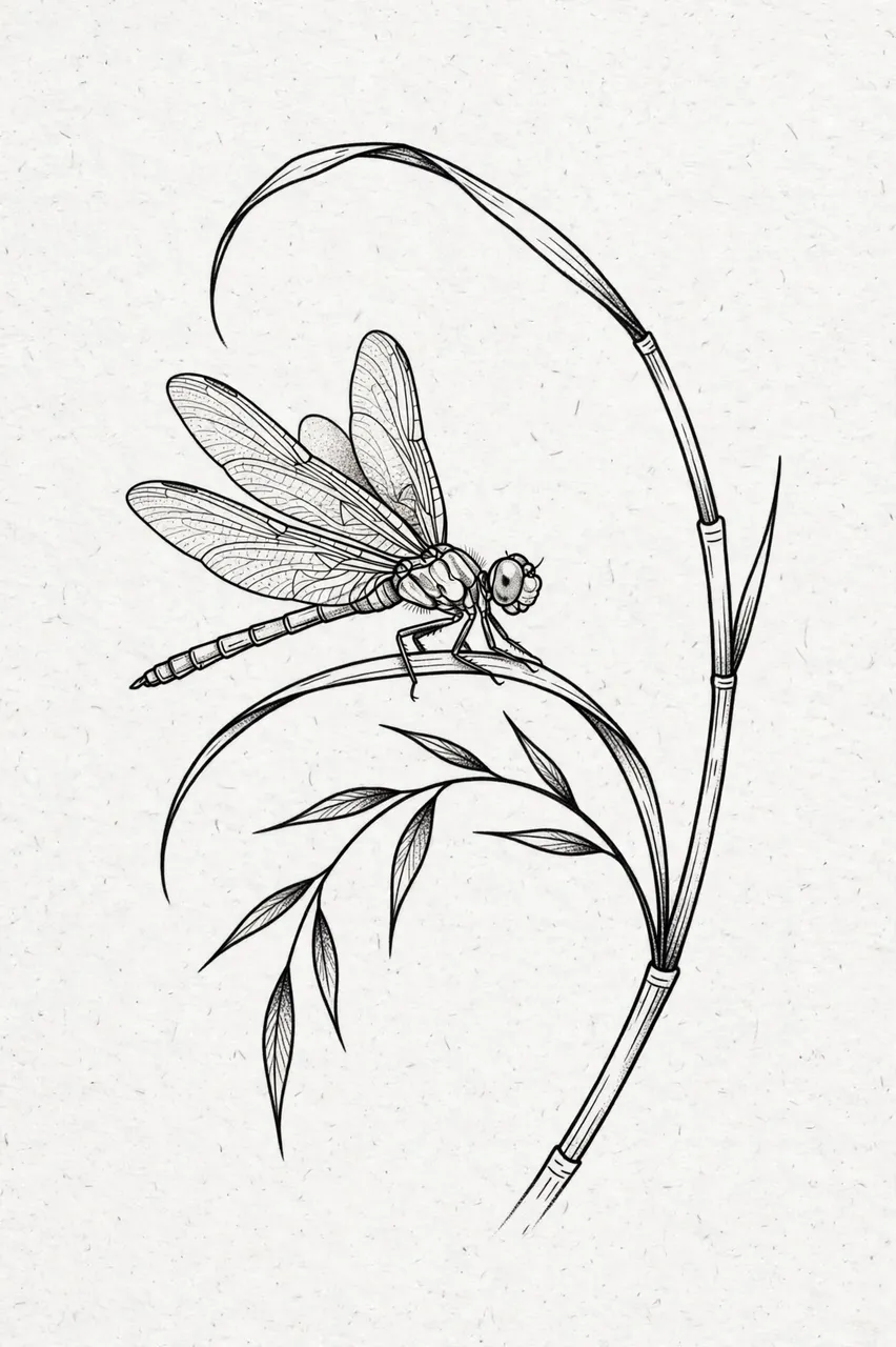 Fine line black ink drawing of a dragonfly resting on a curved reed against light textured paper