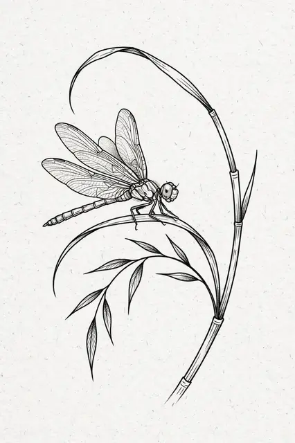 Fine line black ink drawing of a dragonfly resting on a curved reed against light textured paper