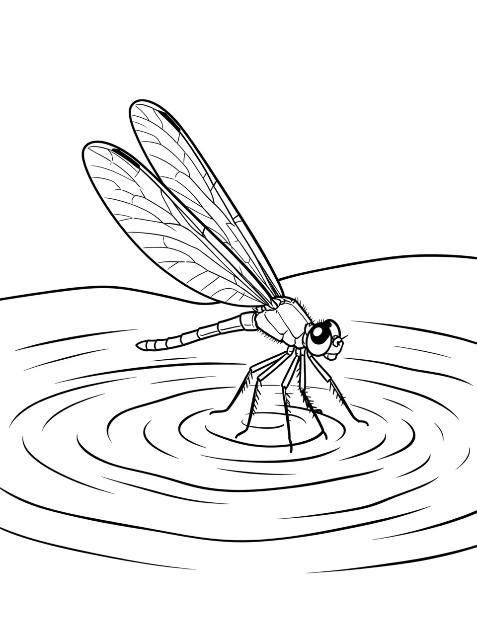 Black and white line art coloring page of a dragonfly resting on rippling water against a plain white background