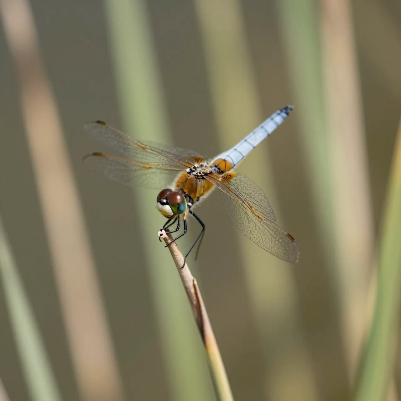 A close-up macro shot of a dragonfly perched on the tip of a thin dry reed, with blurred grass stems in the background.