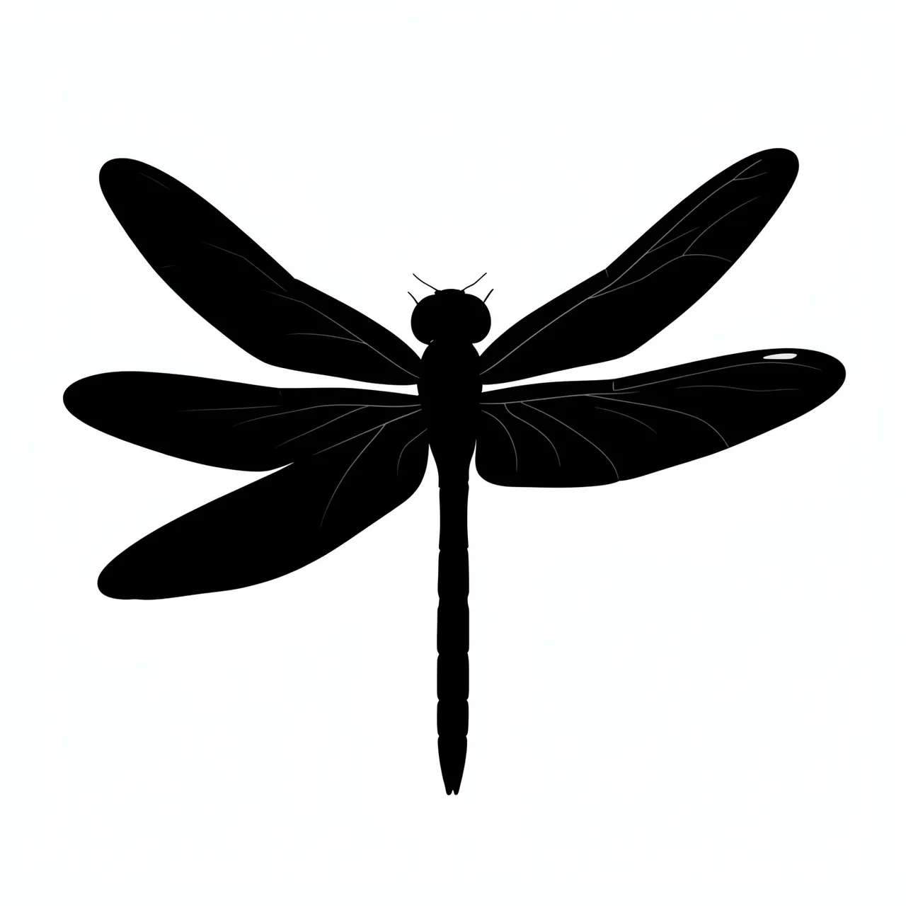 Solid black dragonfly silhouette with veined wings centered on a plain white background