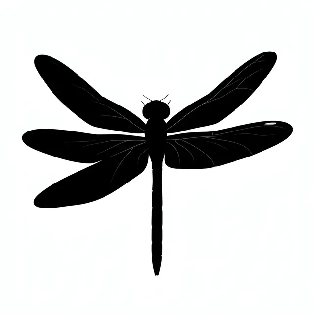 Solid black dragonfly silhouette with veined wings centered on a plain white background