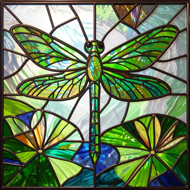 A square stained glass design featuring an iridescent dragonfly above lily pads with dark lead lines.