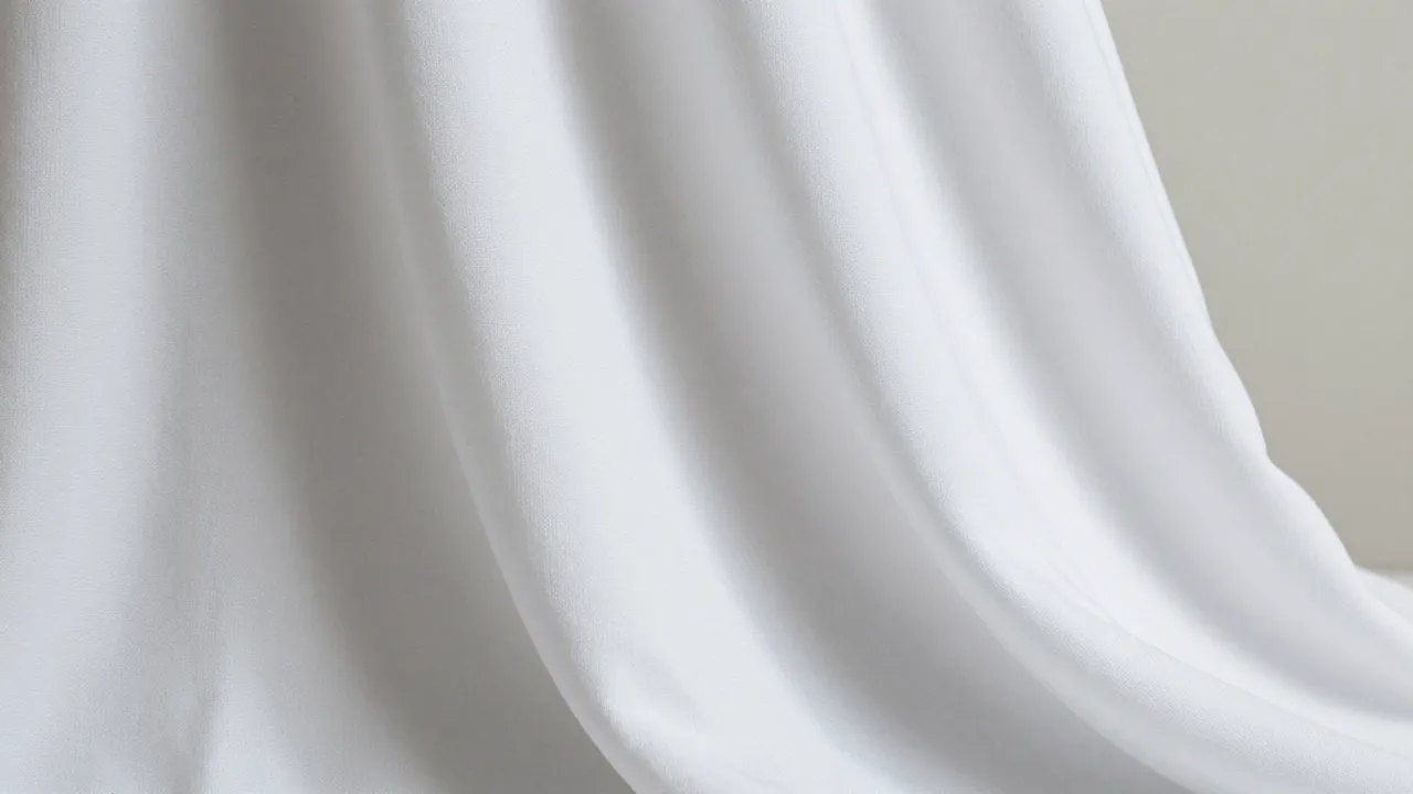 Soft draped white fabric with gentle folds catches light, with empty neutral space to the right of the frame
