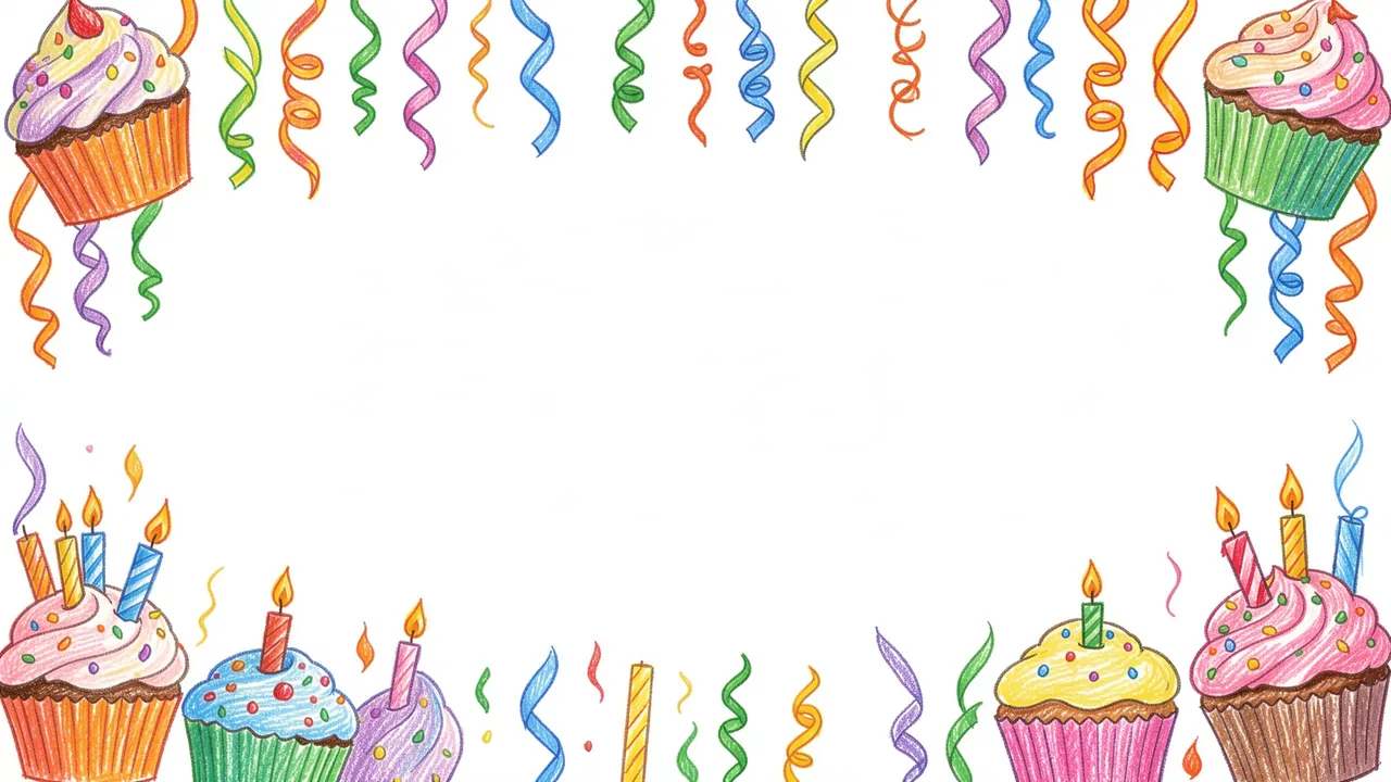 Colored pencil doodle border of cupcakes, candles and streamers with blank white center space