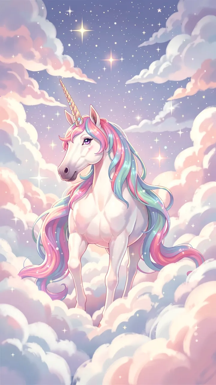 A white unicorn with a pastel rainbow mane stands surrounded by fluffy clouds and twinkling stars
