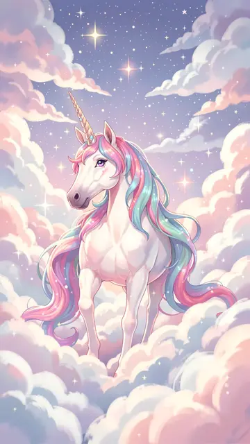 A white unicorn with a pastel rainbow mane stands surrounded by fluffy clouds and twinkling stars