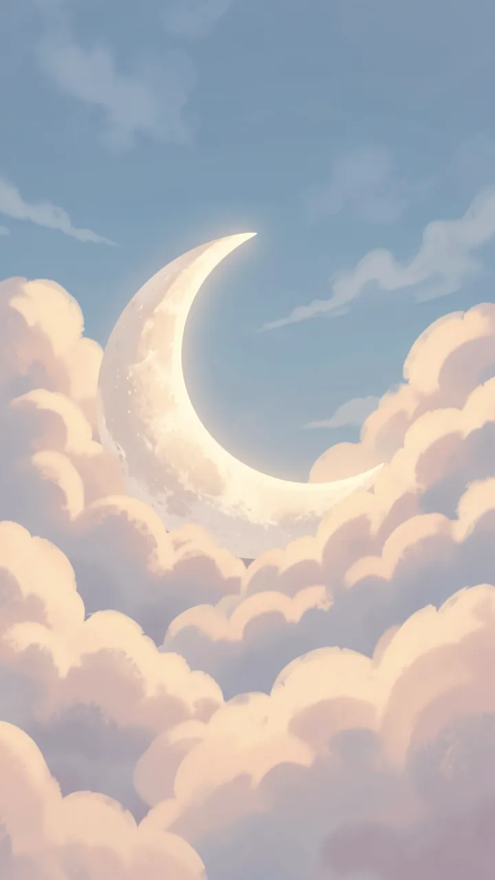 Glowing crescent moon sits nestled among soft pastel clouds in a pale blue sky
