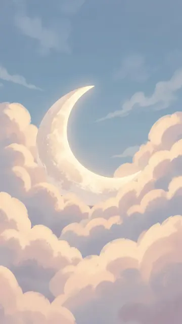 Glowing crescent moon sits nestled among soft pastel clouds in a pale blue sky