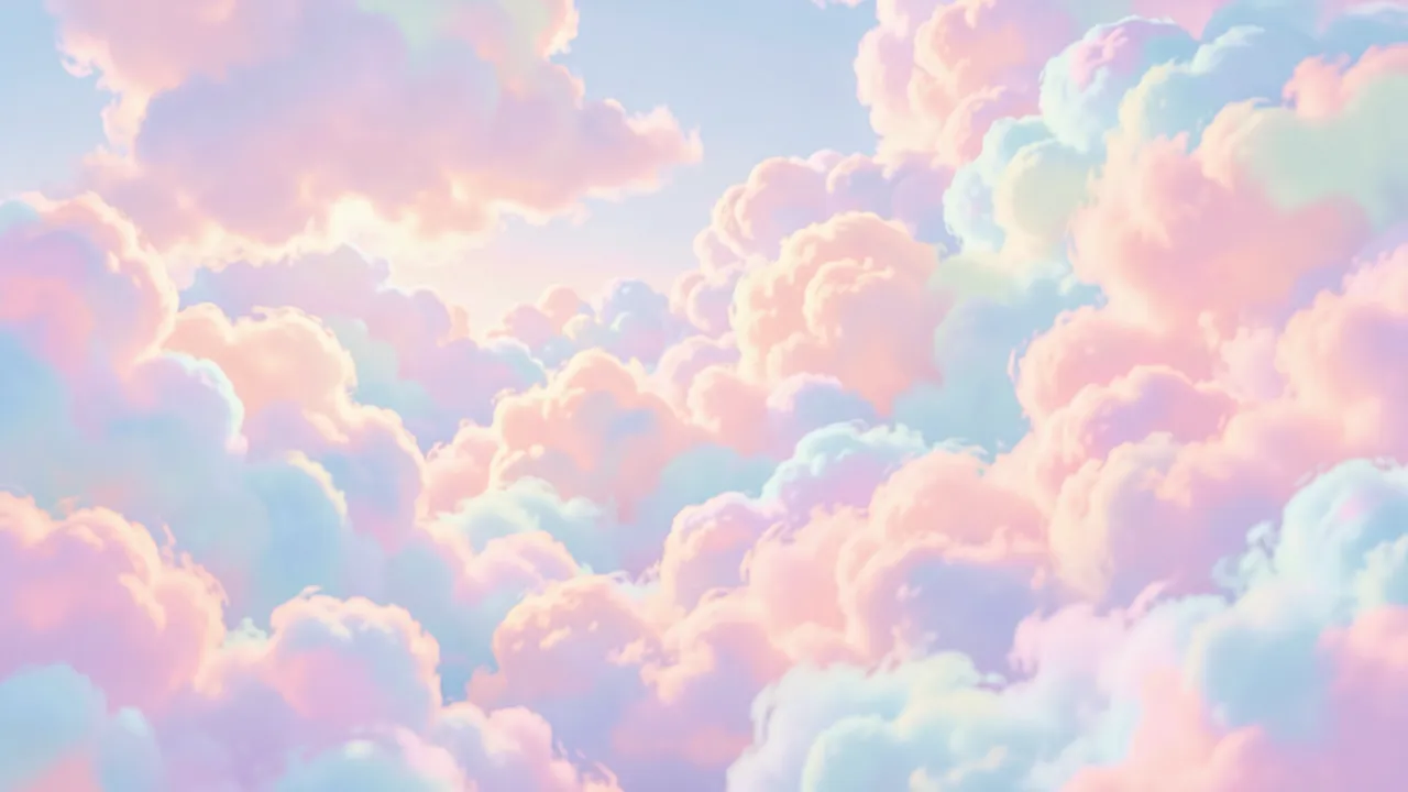 Soft billowy pastel clouds glow with gentle iridescent light against a pale sky