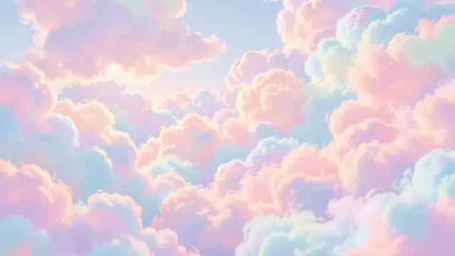 Soft billowy pastel clouds glow with gentle iridescent light against a pale sky