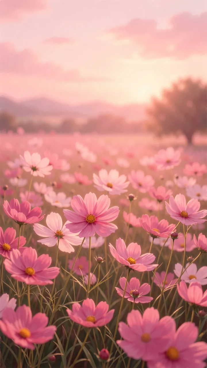 Soft focus field of pink cosmos flowers glowing under warm pink dusk sky