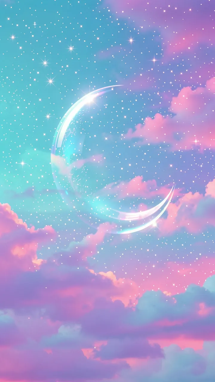 Glossy translucent crescent moon floats in a gradient cyan and magenta starry sky with fluffy pastel clouds